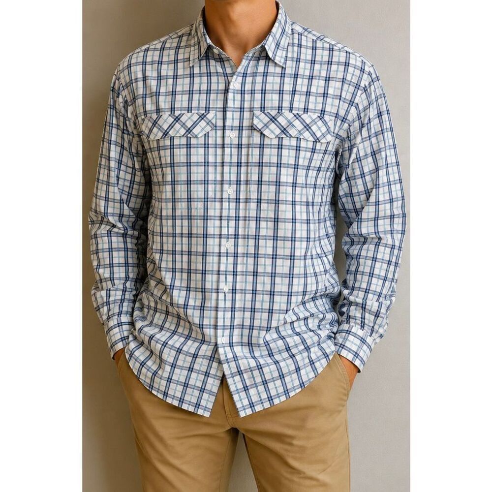 Columbia PFG Long Sleeve Plaid Fishing Shirt Blue White Vented Men’s Large